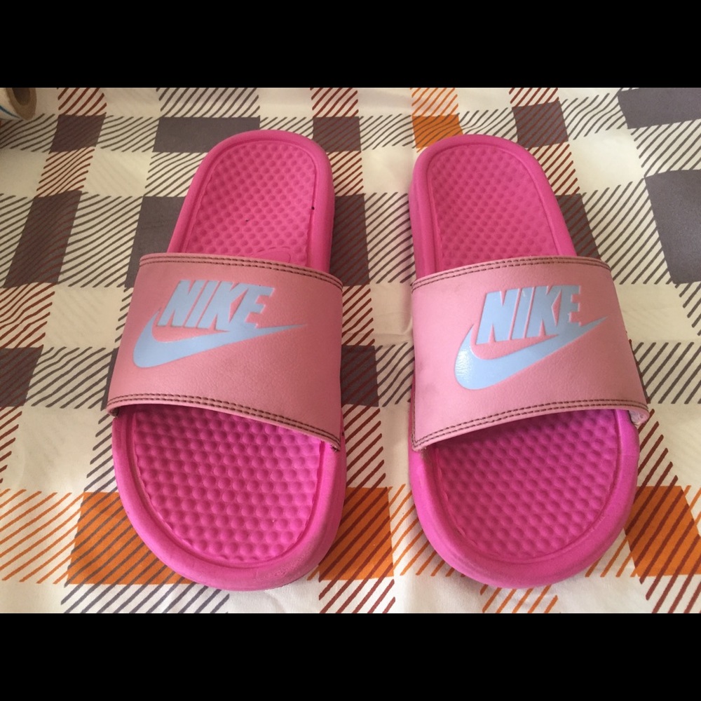 Pink and Blue Nike Slides